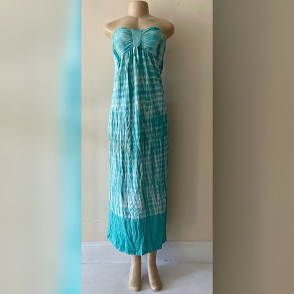 Teal Tie-dye Sleeveless Bustier Ruched Maxi Dress - Picture 3 of 7
